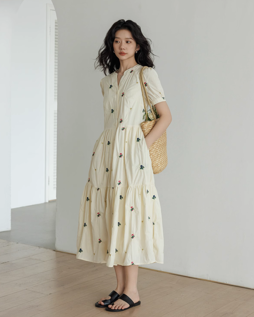 Apricot Flower Embroidery Tiered Long Dress VAS0022