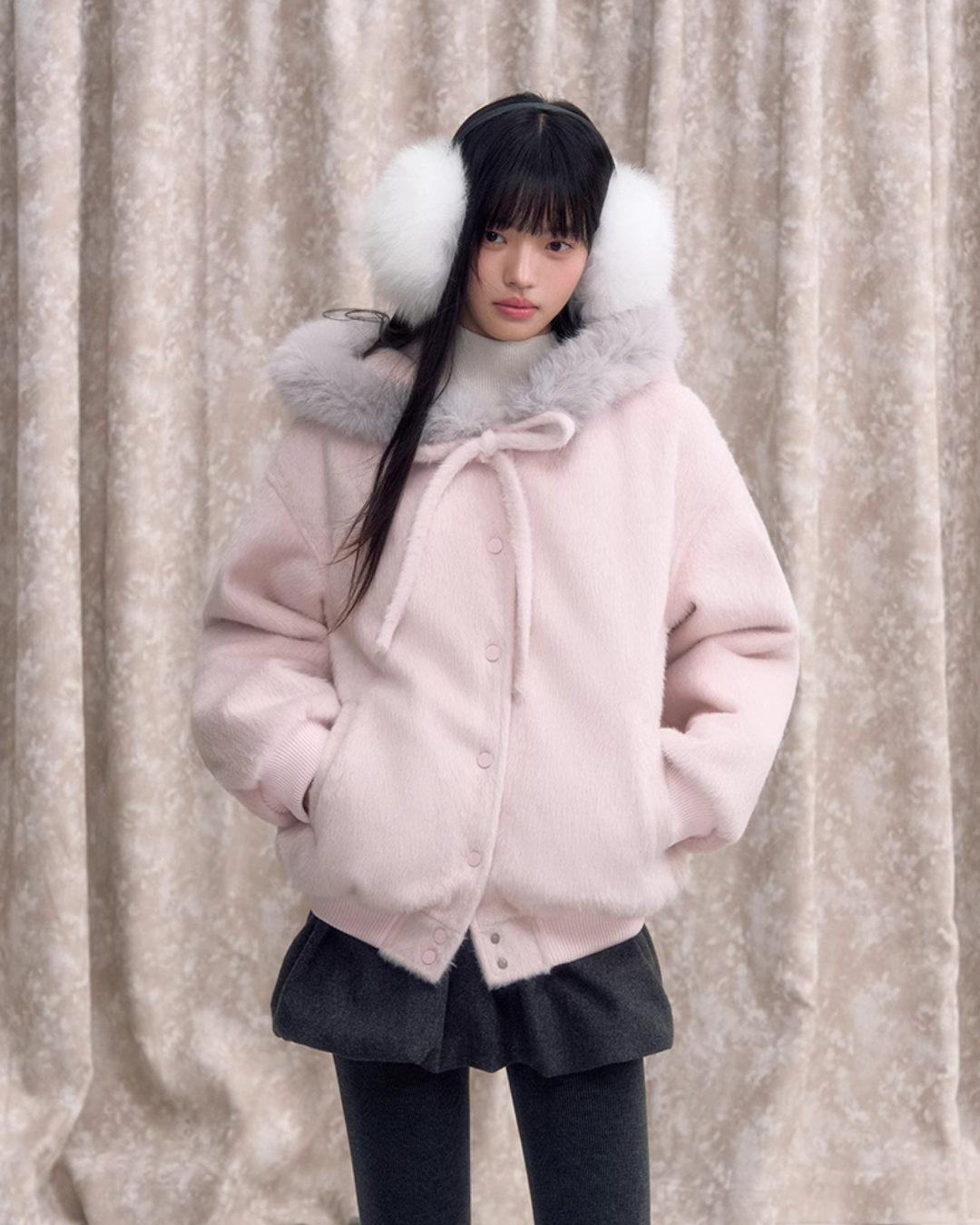 Pink Bow Hood Wool Jacket SSN0006