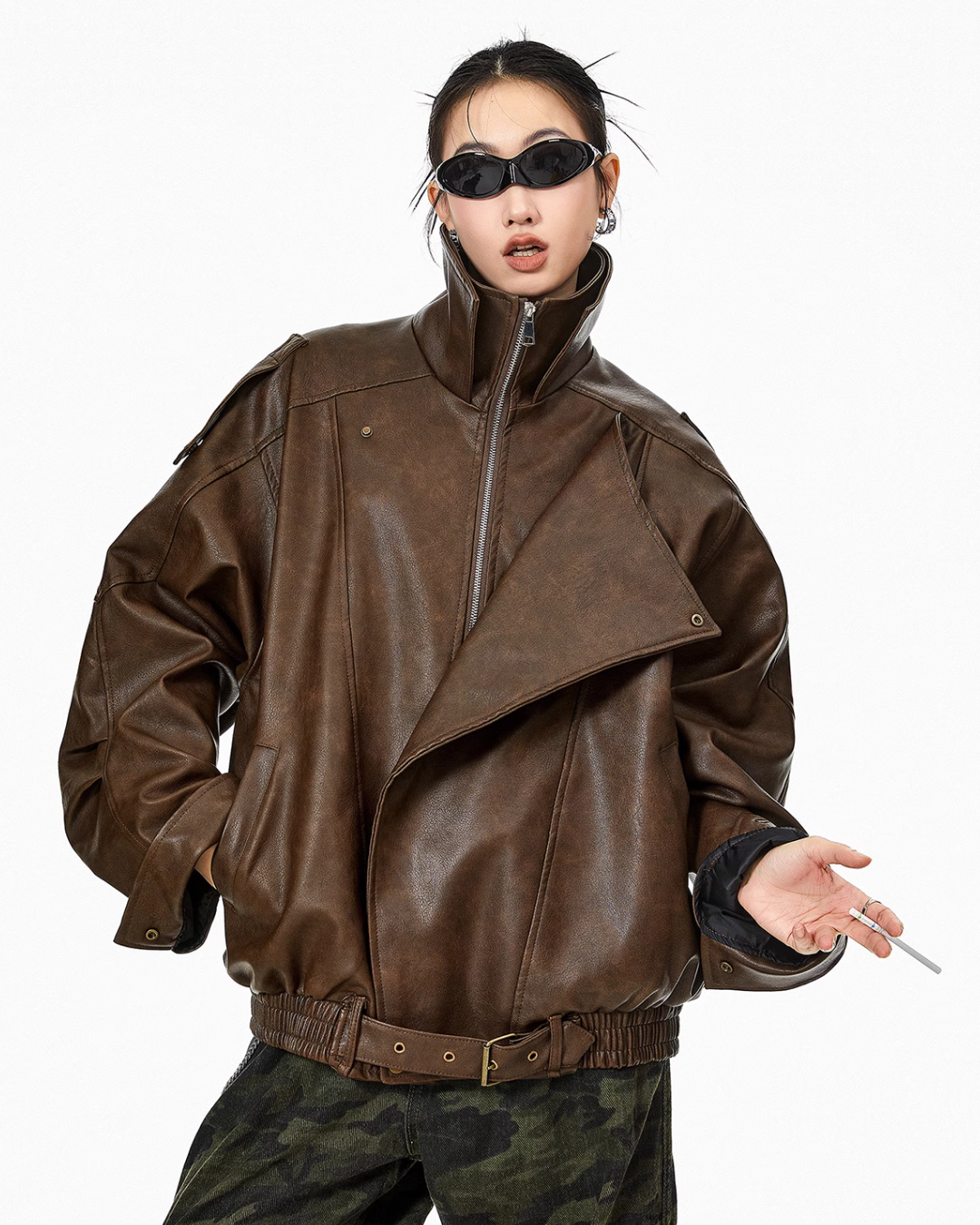 Stand Collar Volume Leather Jacket ICM0063