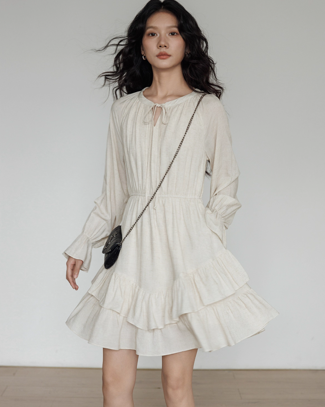 Round Neck Linen Long Sleeve Dress VAS0152