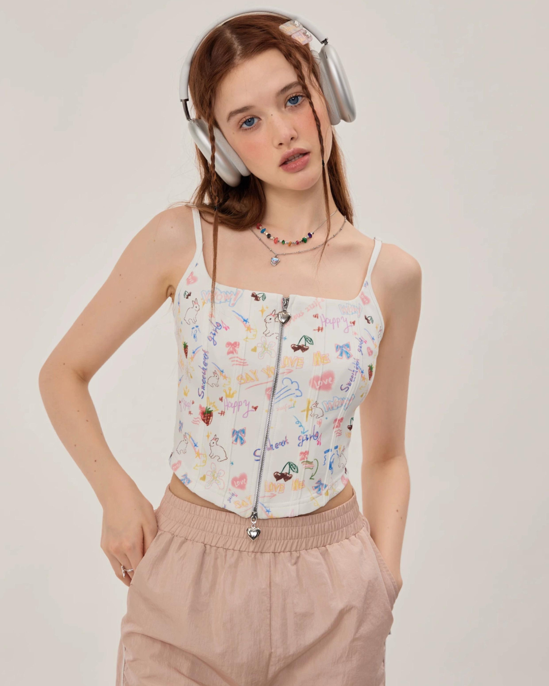 Graffiti Printed Zip Rib Camisole ZZF0252