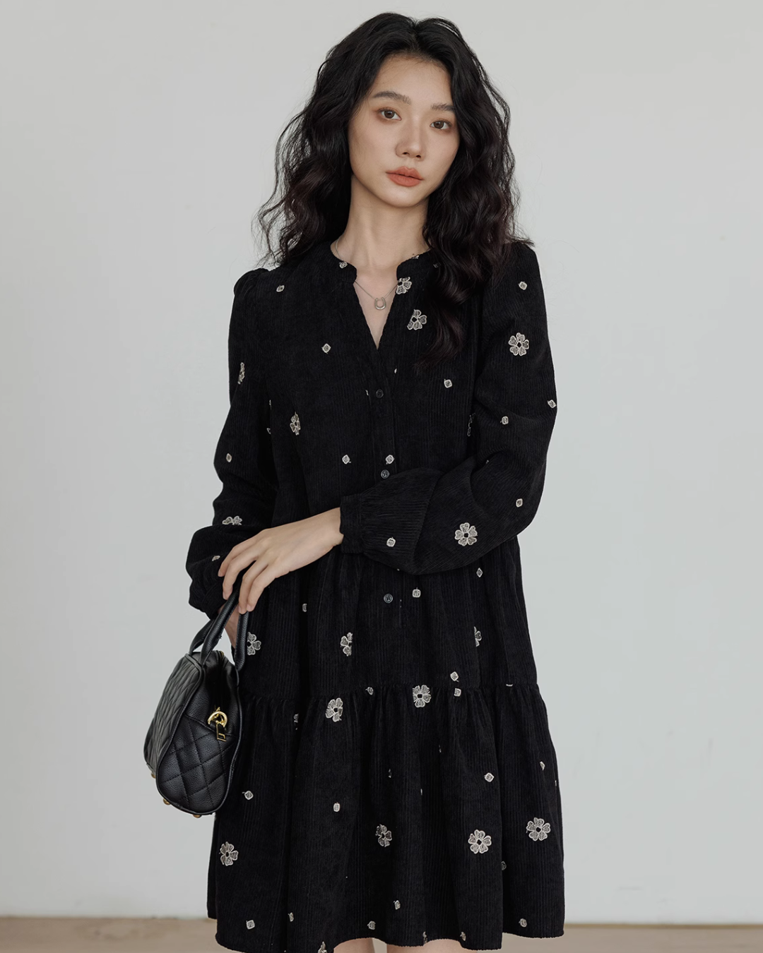 V-Neck Flower Embroidered Dress VAS0001