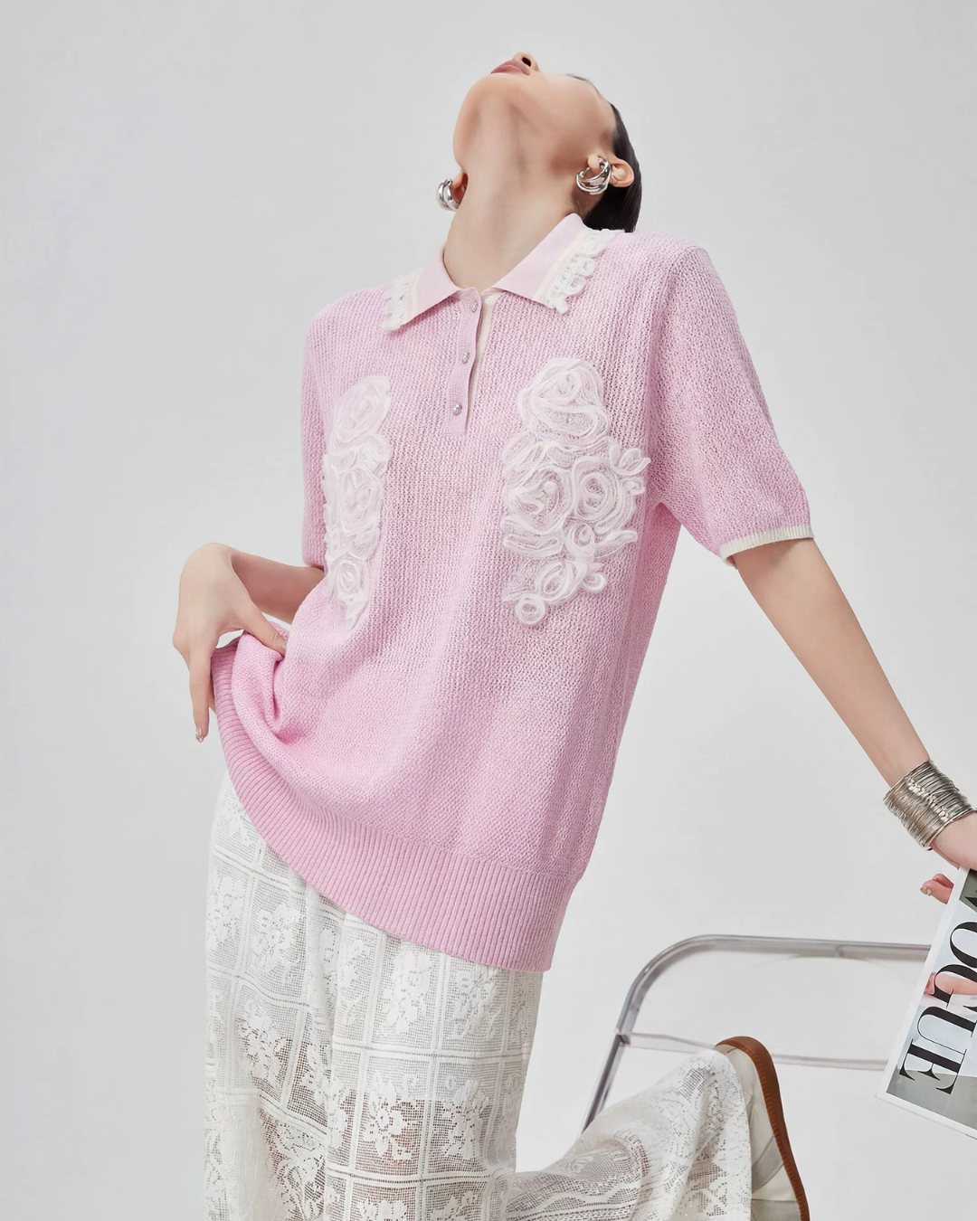 Sheer Short-Sleeve Polo Knit FER0261