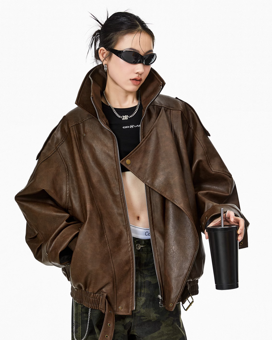 Stand Collar Volume Leather Jacket ICM0063