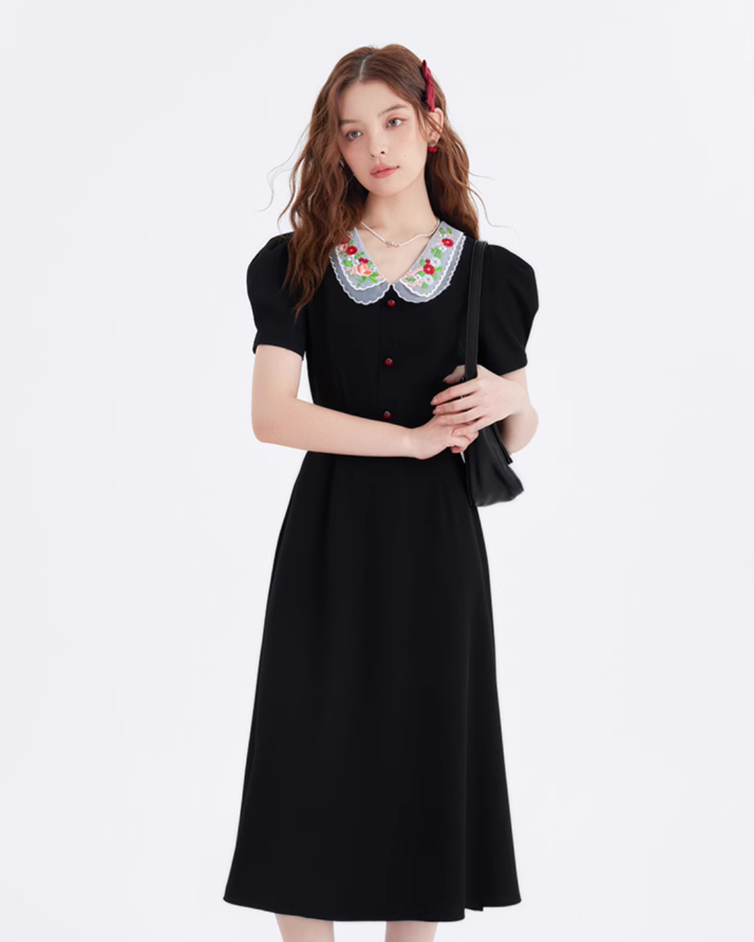 Flower Embroidery Collar Long Dress LSN0005