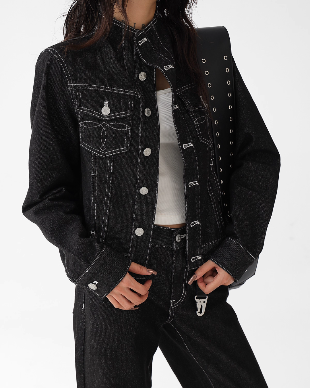 High Neck Stitch Denim Jacket / Wide Denim Pants ACS0265