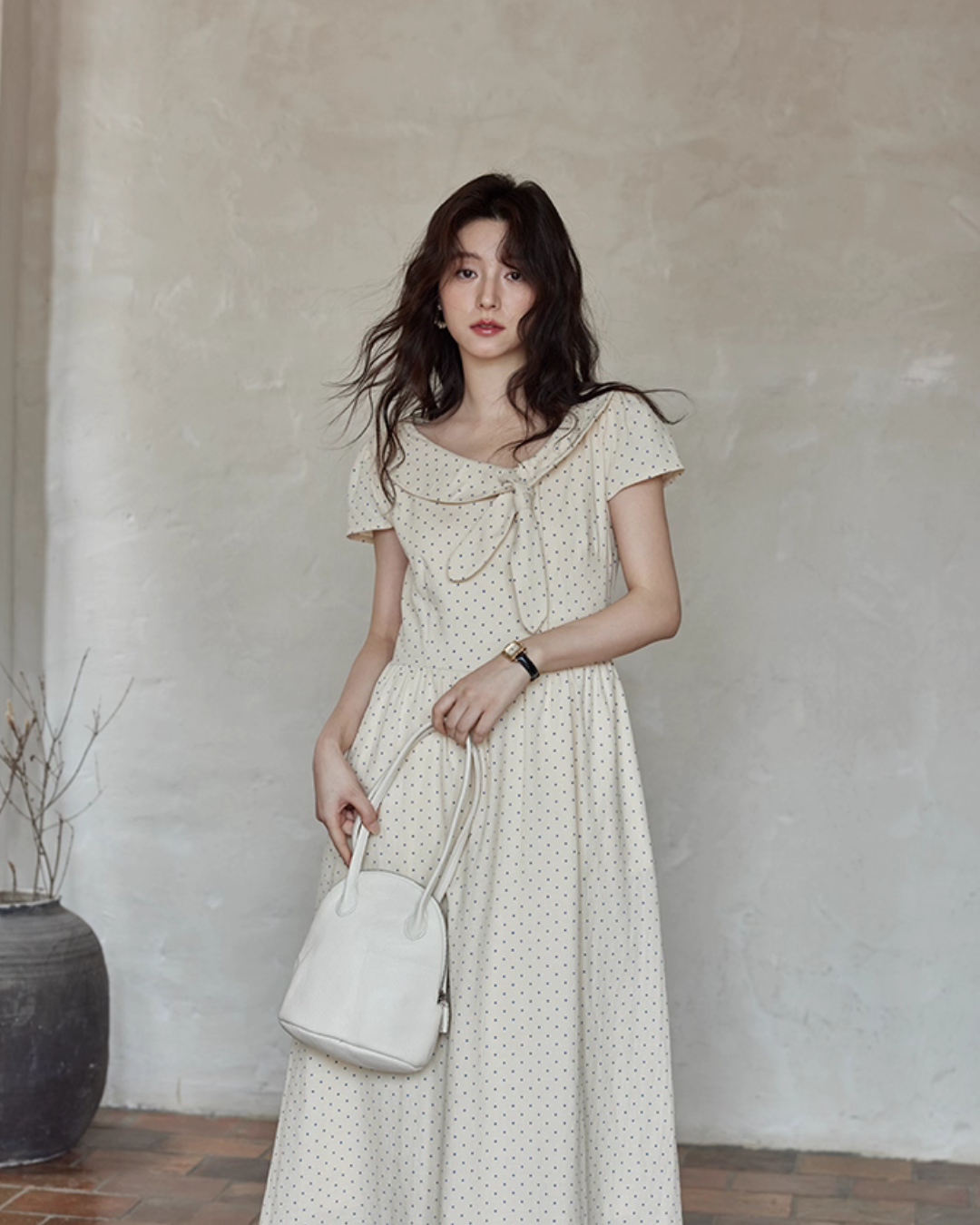 Ribbon Collar Polka Dot Dress SMS0022
