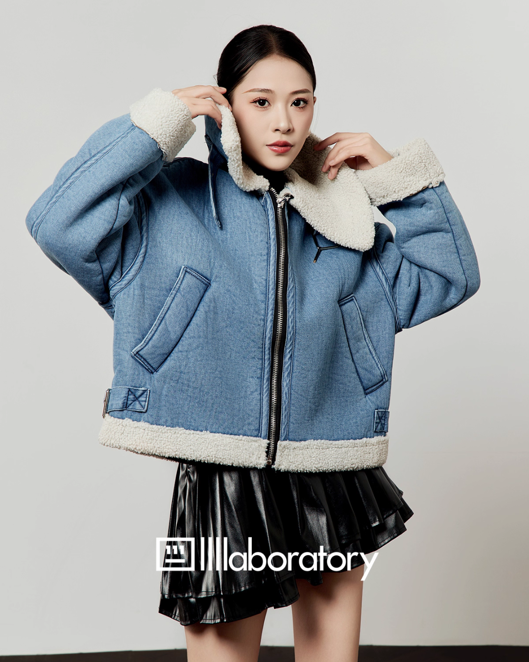 Denim Mouton Jacket / Leather Tiered Skirt LLA0569