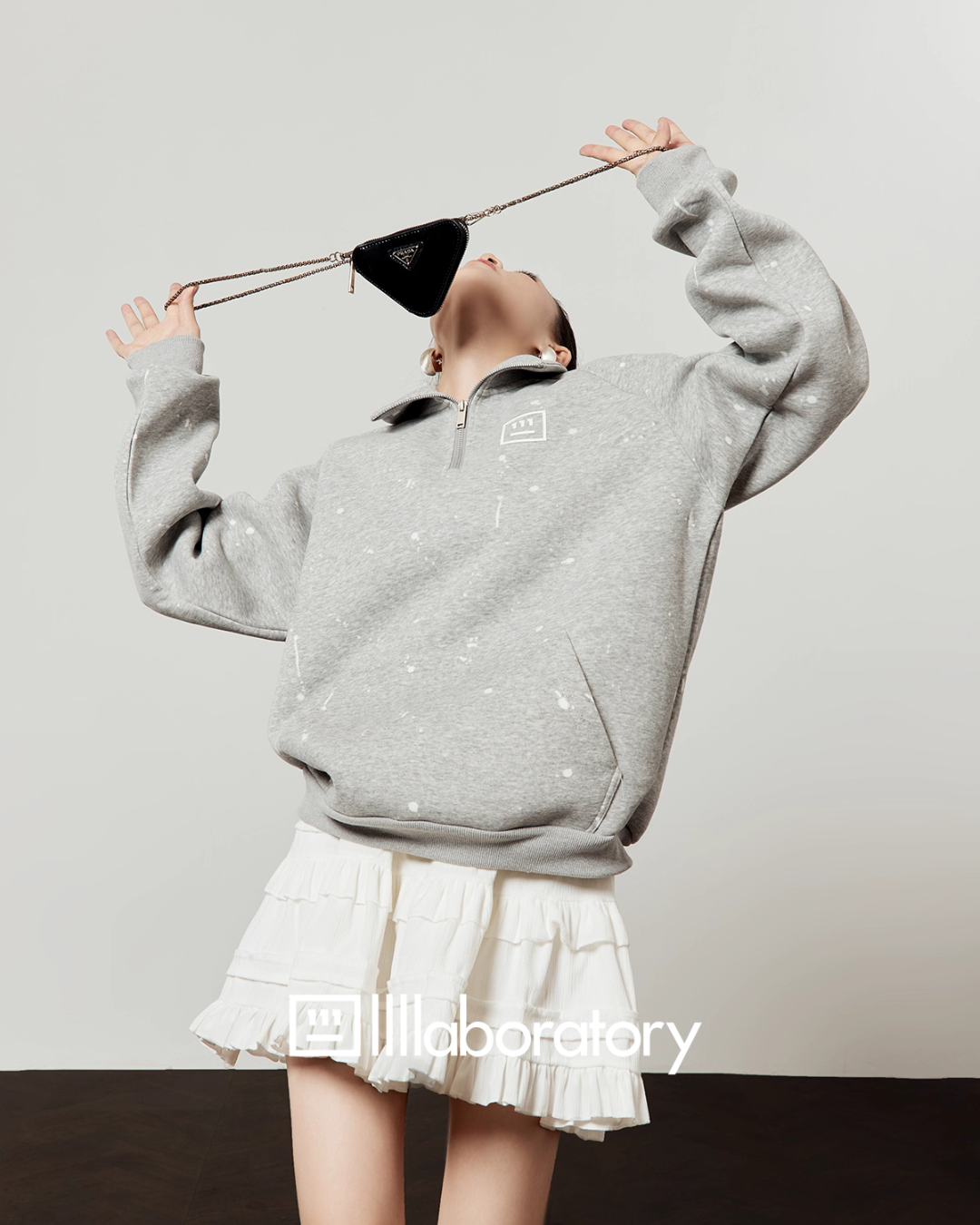 Half-Zip Sweat Top/Lace Mini Skirt LLA0565