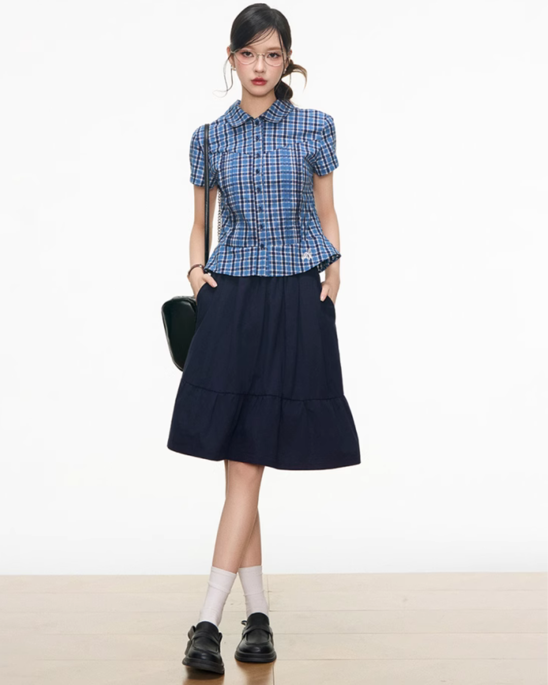 Checked Short Sleeve Shirt / Dark Blue Midi Skirt WEO0028