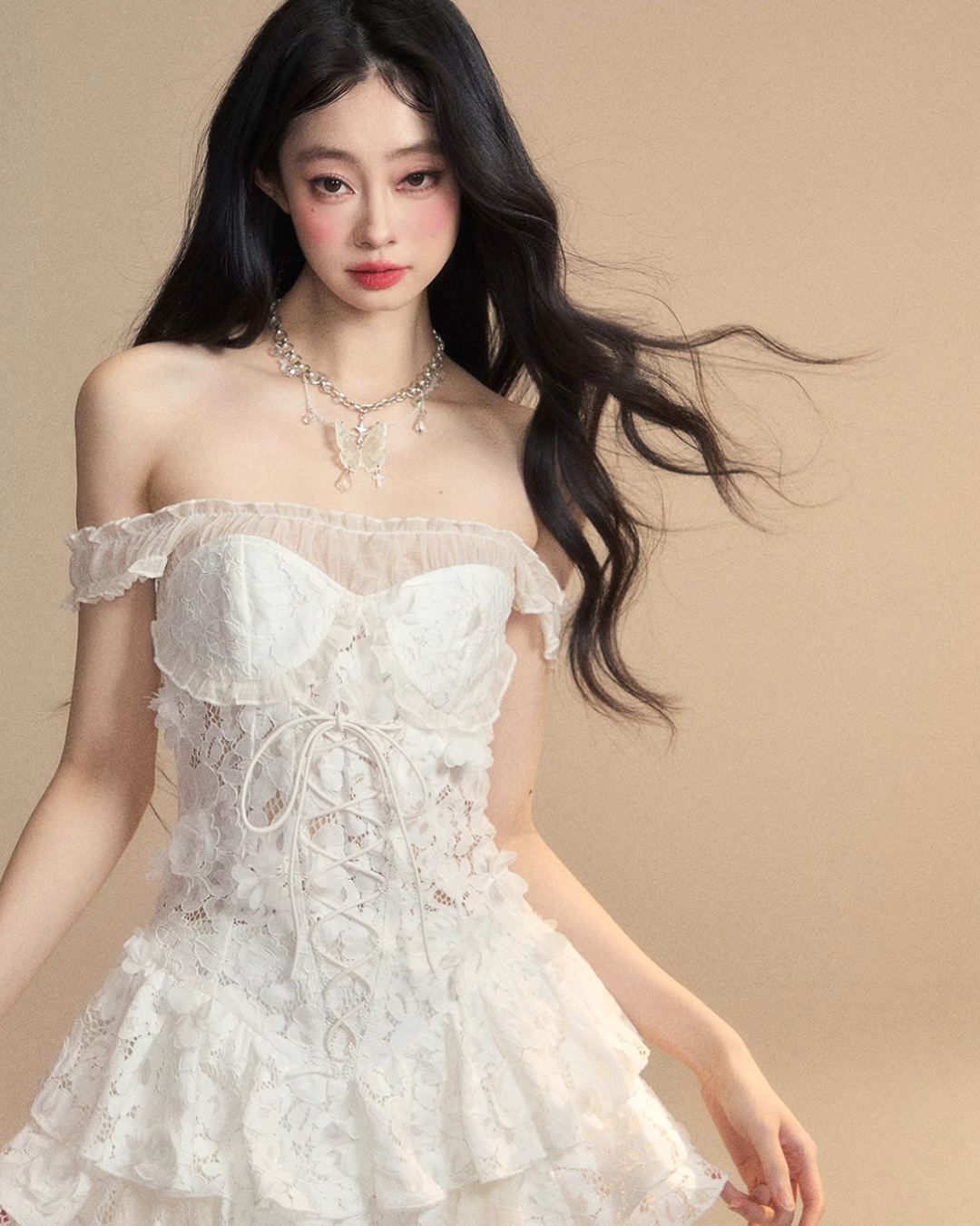 Off-shoulder lace ruffle dress LAS0022