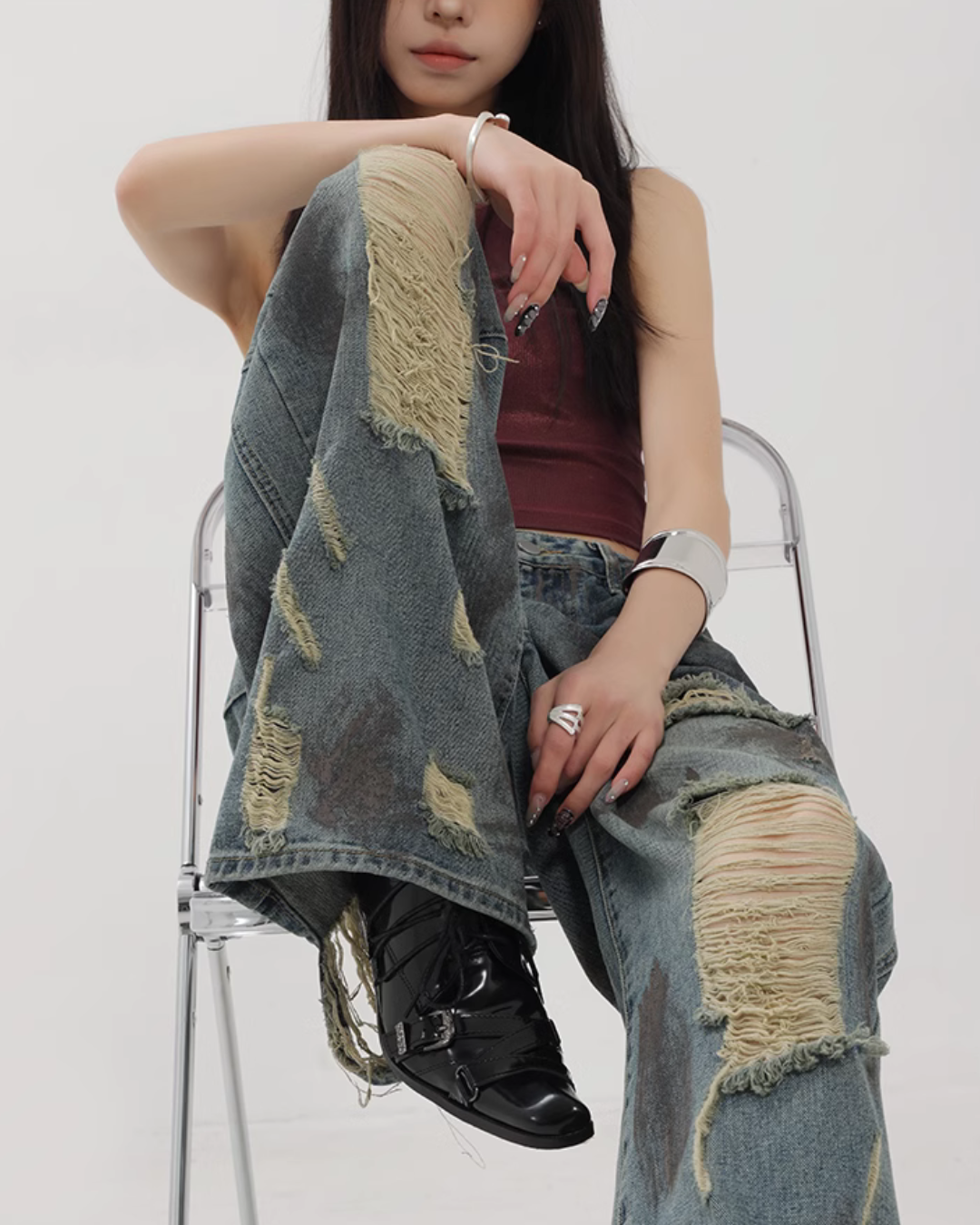 Vintage Damaged Wide Denim Pants KNH0003