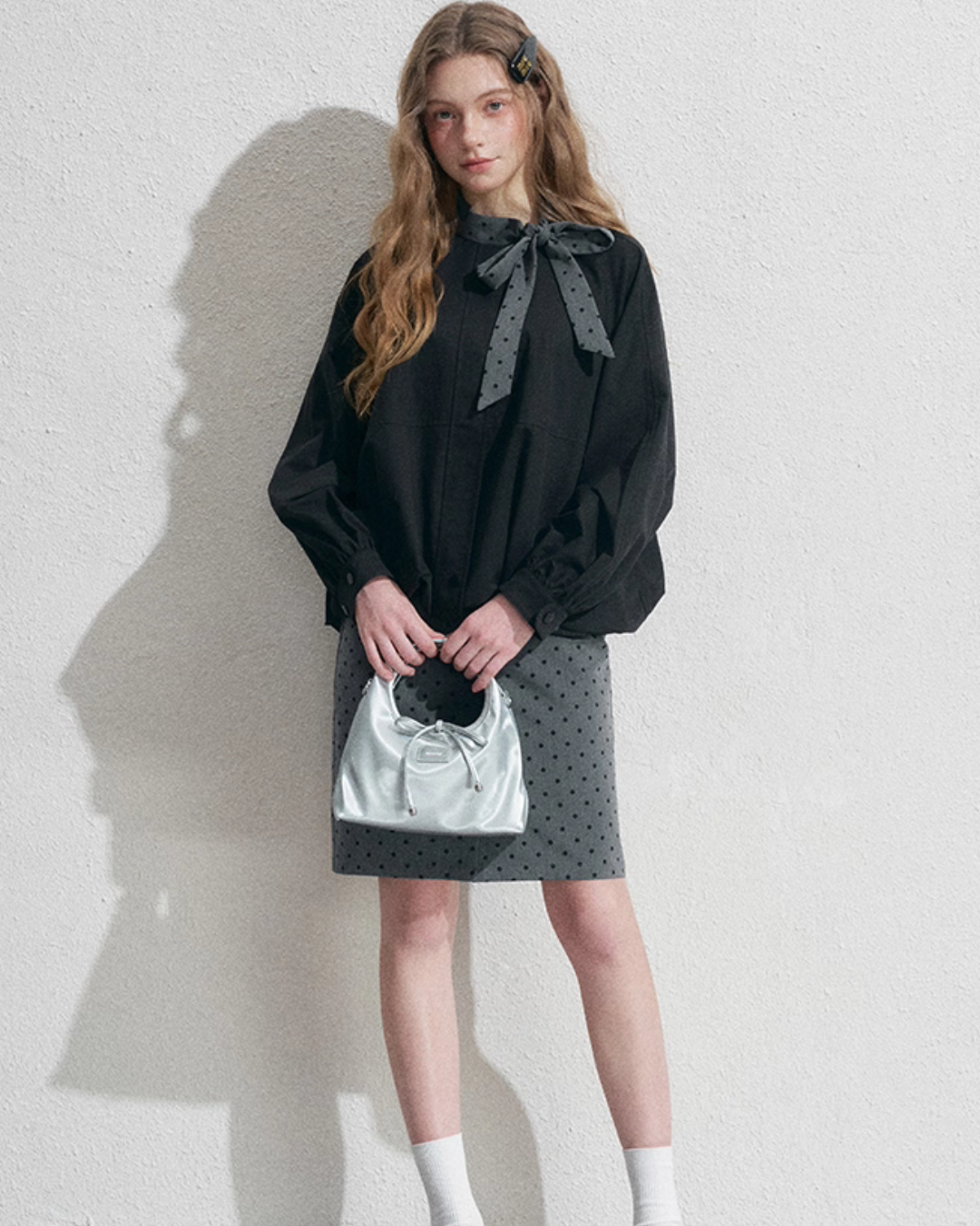 Ribbon Collar Long-Sleeve Blouse / Polka Dot Skirt NEP0002