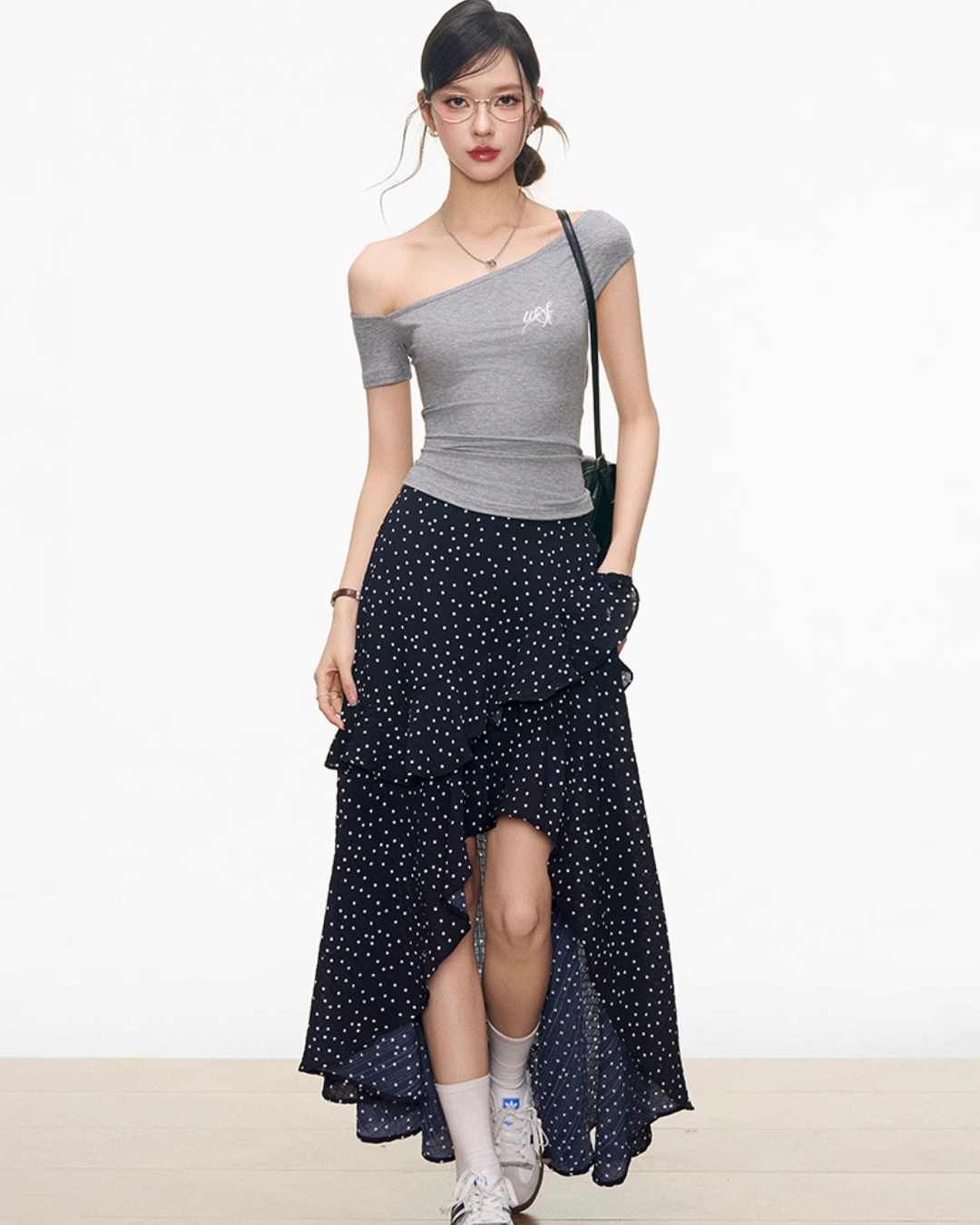 Gray Off-Shoulder Top / Navy Blue Polka Dot Long Skirt WEO0033