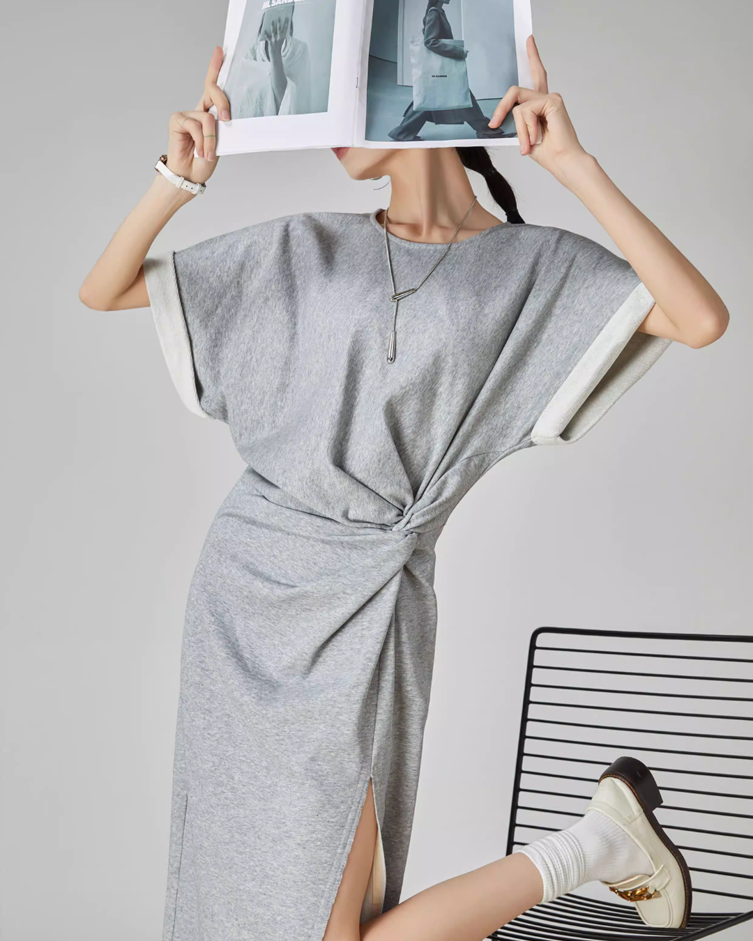 Gray Irregular Short-Sleeve Dress FER0049