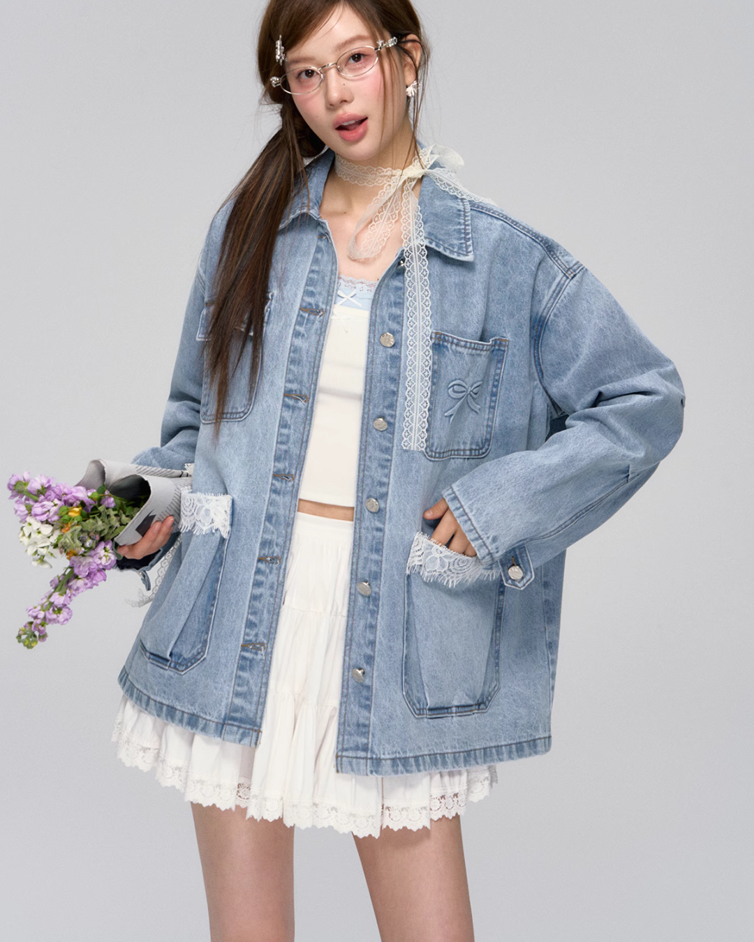 Lace Pocket Denim Jacket / Cropped Lace Camisole ASG0029