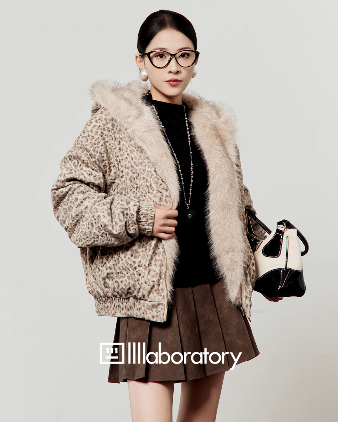 Leopard Fur Hood Jacket / Pleated Mini Skirt LLA0574 – AuroraBoutique