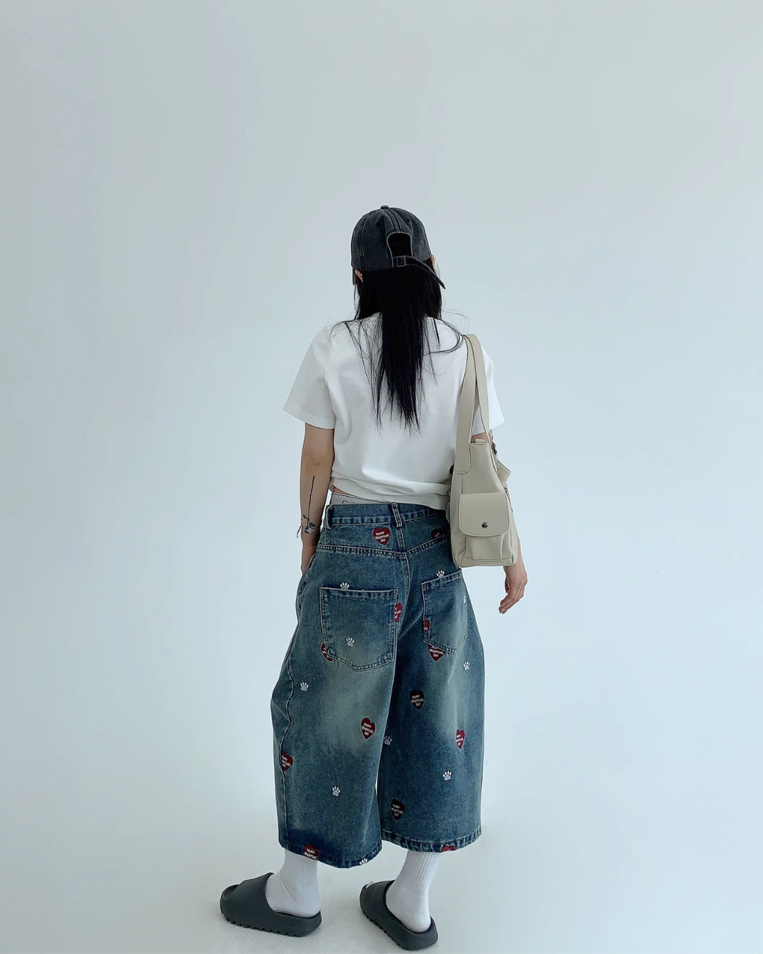 Heart Embroidery Design Wide Denim Pants YLS0851
