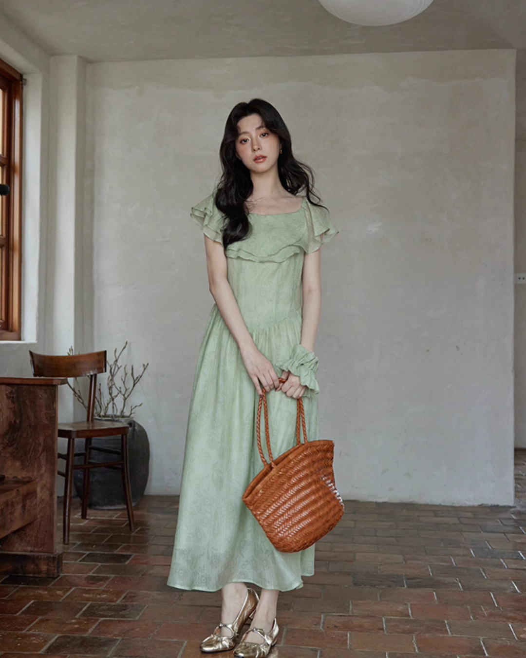 Frill Collar Green Long Dress SMS0012