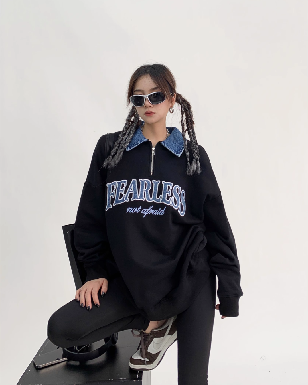Denim Collar Half Zip Top YLS0415