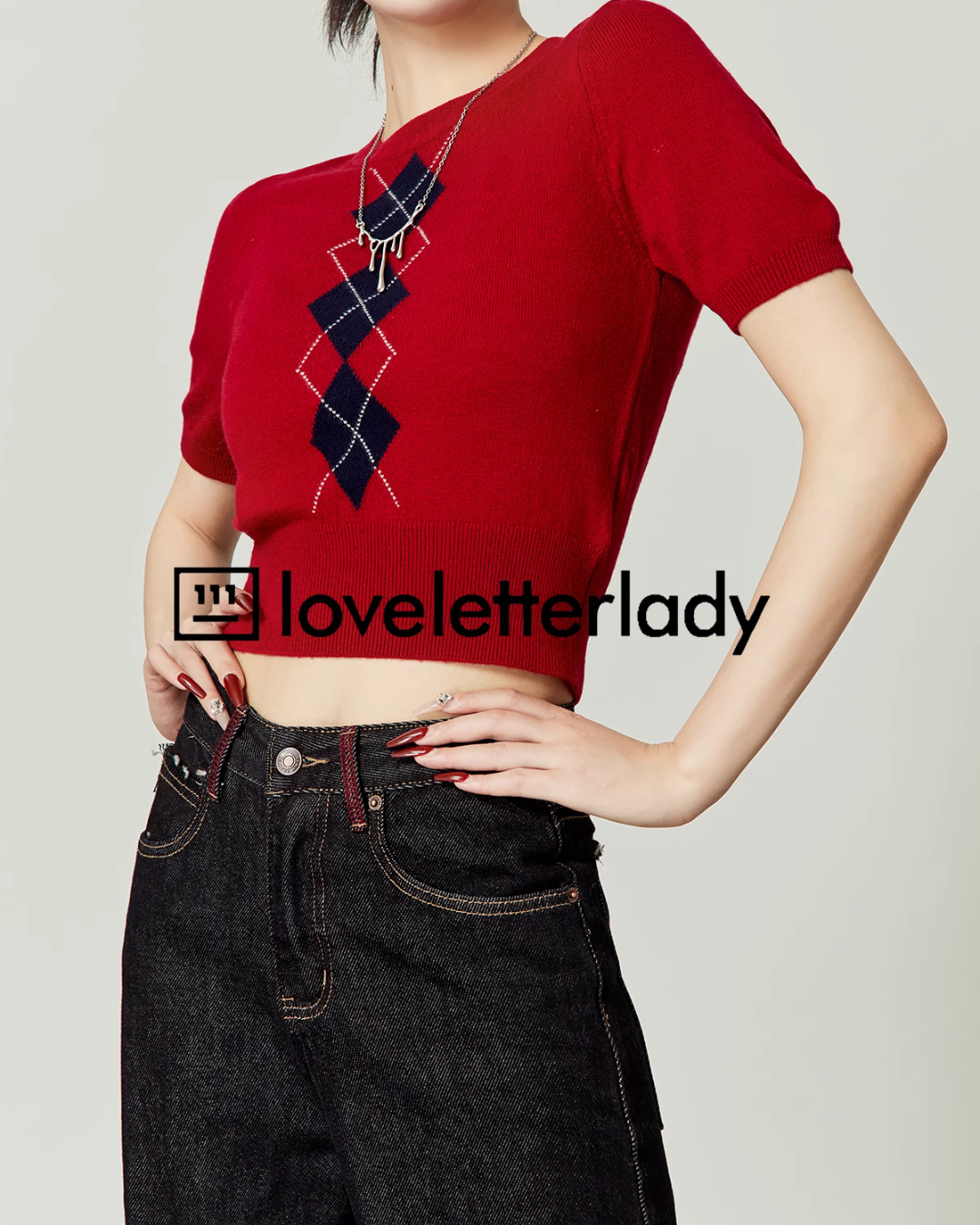 Argyle Pattern Slim Knit Top / Knit Cardigan LLA0416