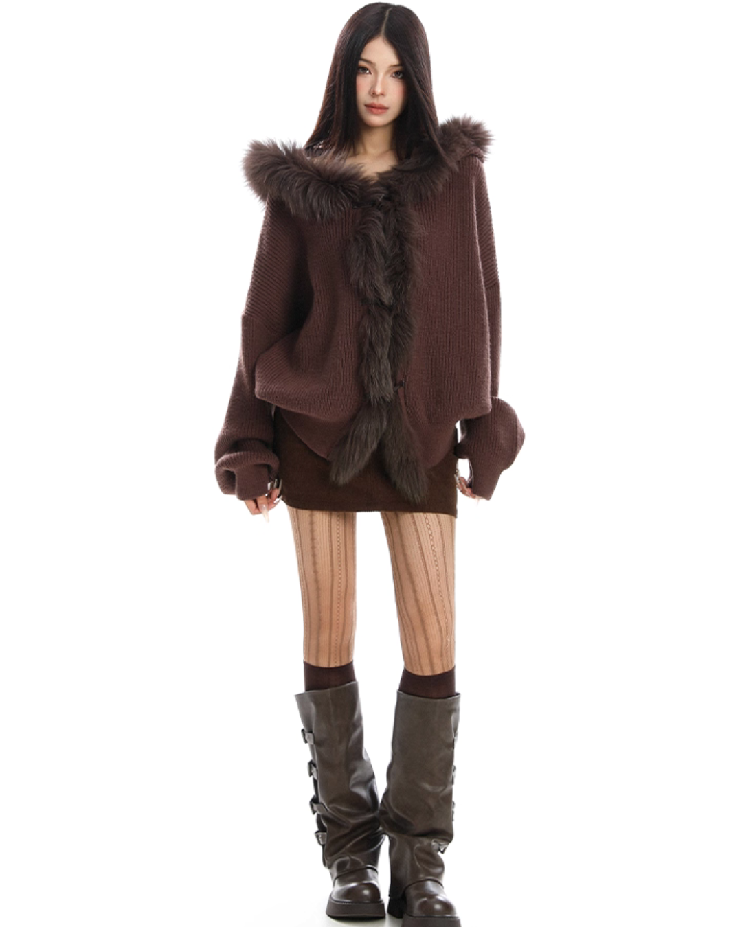 Fur Hood Zip Up Knit BGS0018