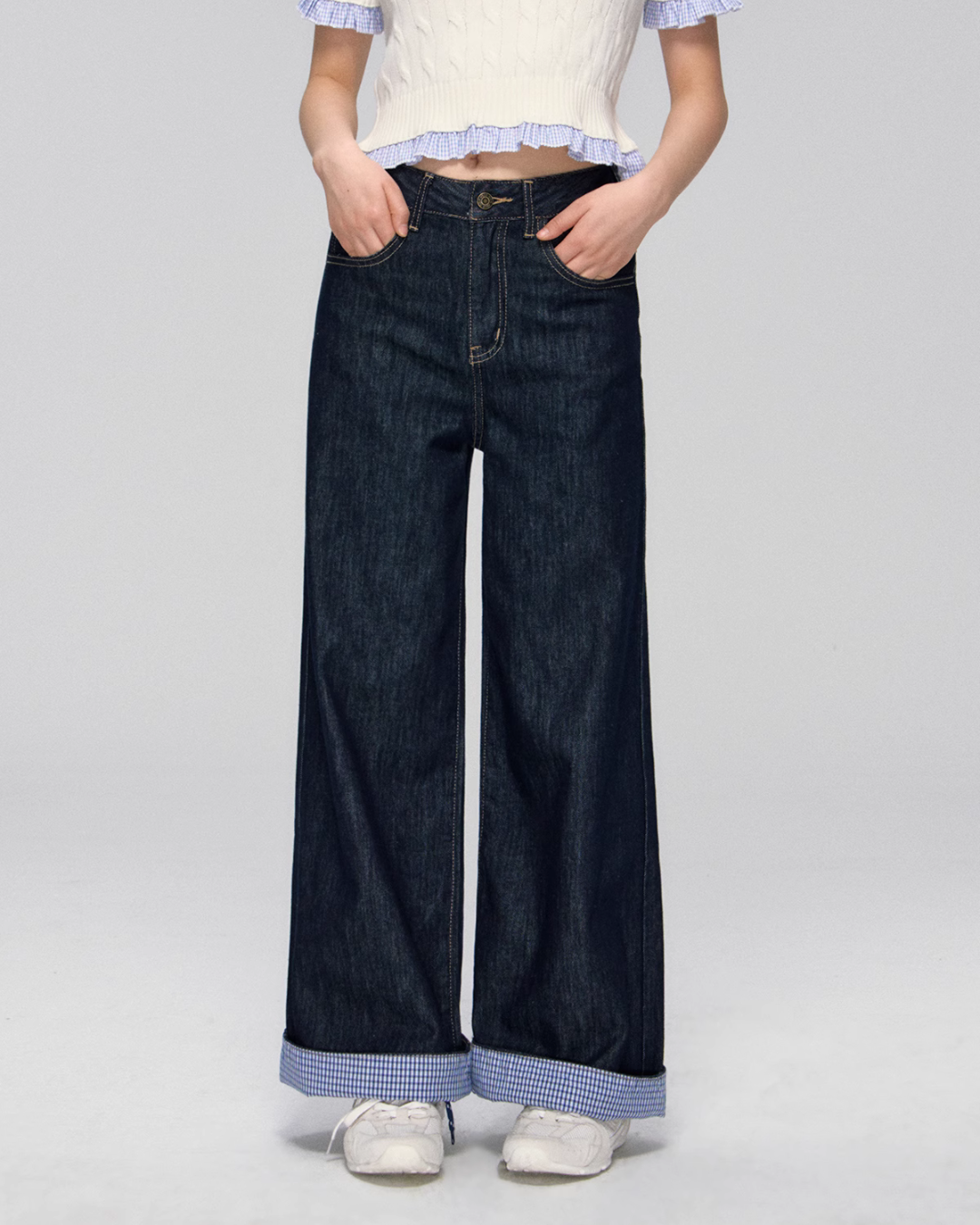 Blue Plaid Patchwork Denim Pants ASG0028