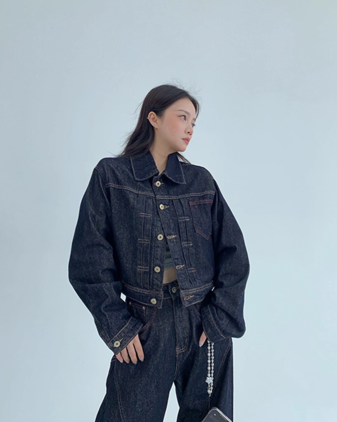 Dark Blue Denim Jacket / Wide Denim Pants YLS0912