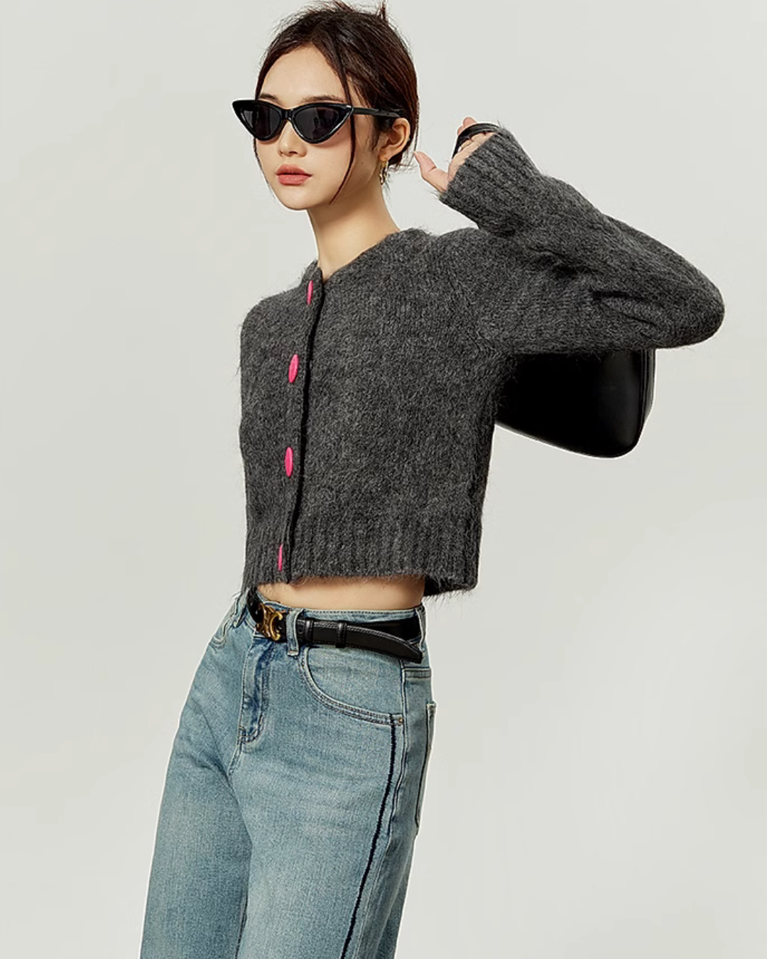 Pink Button Cropped Knit Cardigan LLA0371