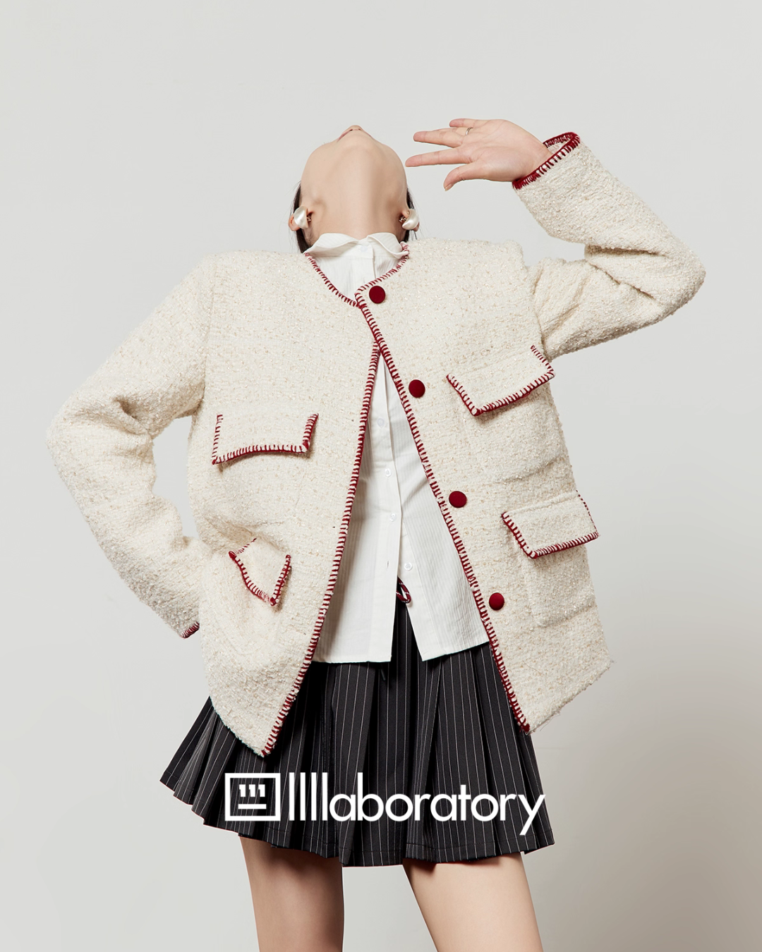 Elegant Tweed Jacket / Striped Pleated Skirt / White Long-Sleeve Shirt LLA0532