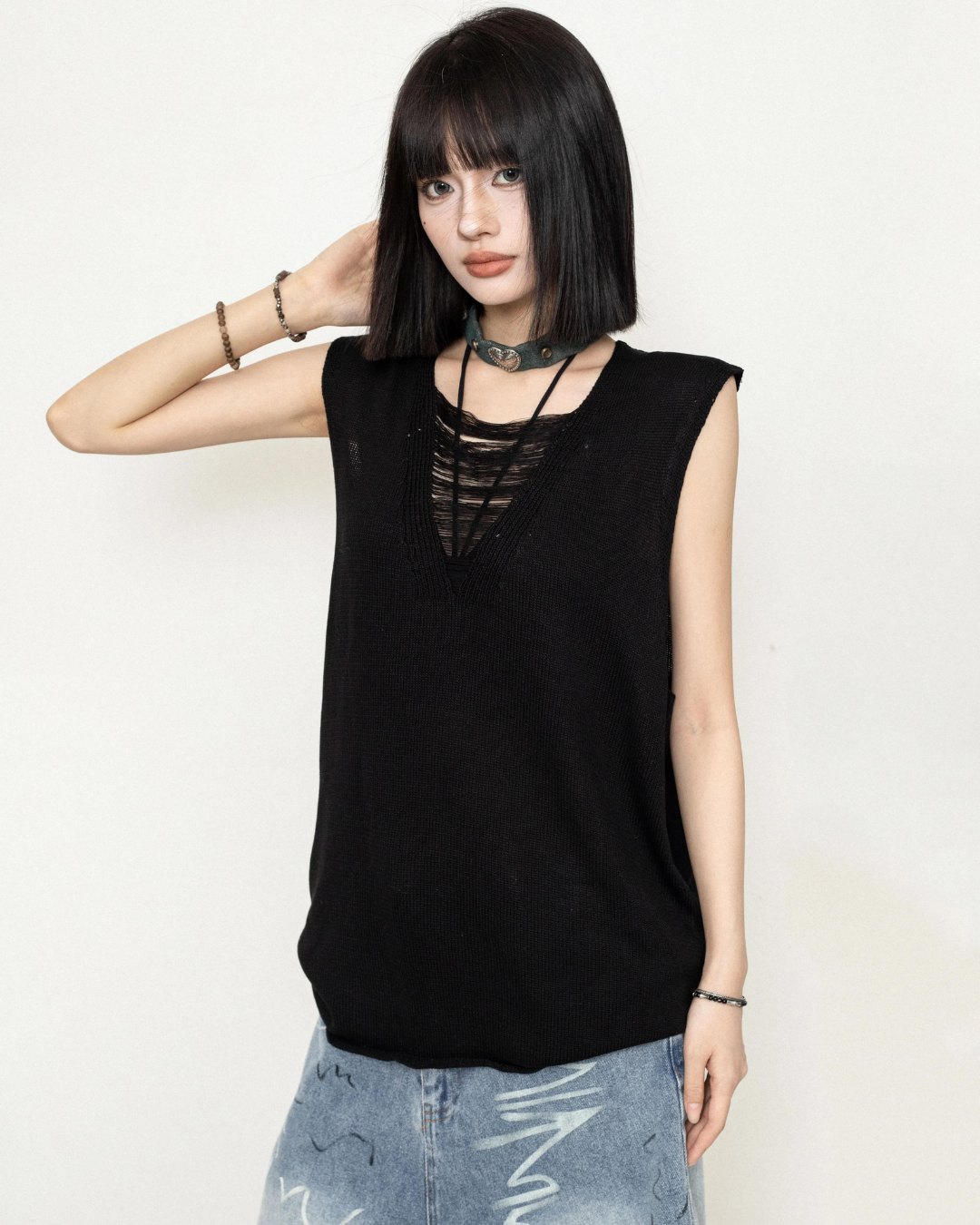 Sheer Crewneck Sleeveless Knit ZRS0071