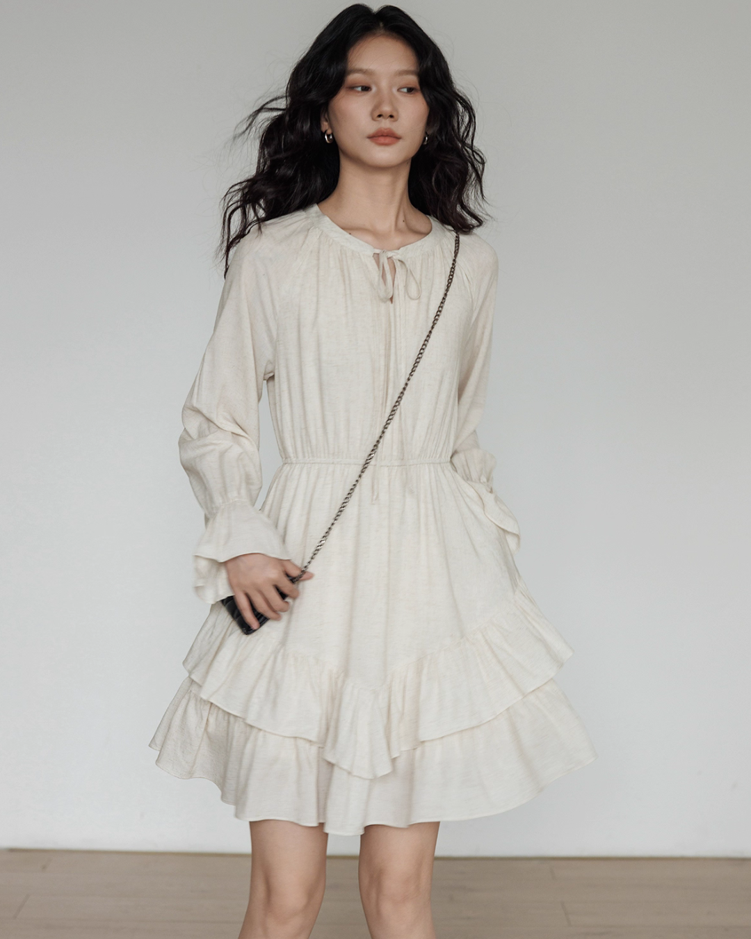 Round Neck Linen Long Sleeve Dress VAS0152