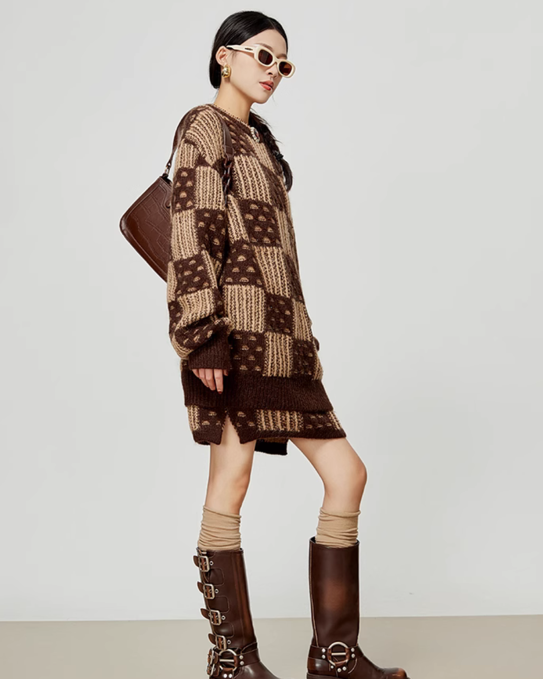 Checker Board Crewneck Knit / Tight Mini Skirt LLA0356