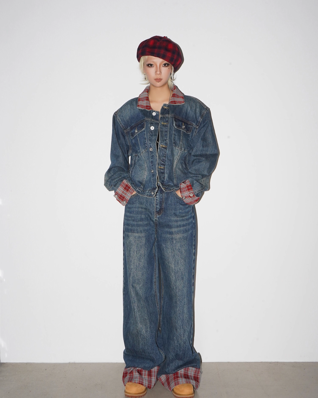 Retro Plaid Denim Jacket / Wide Denim Pants MCY0003