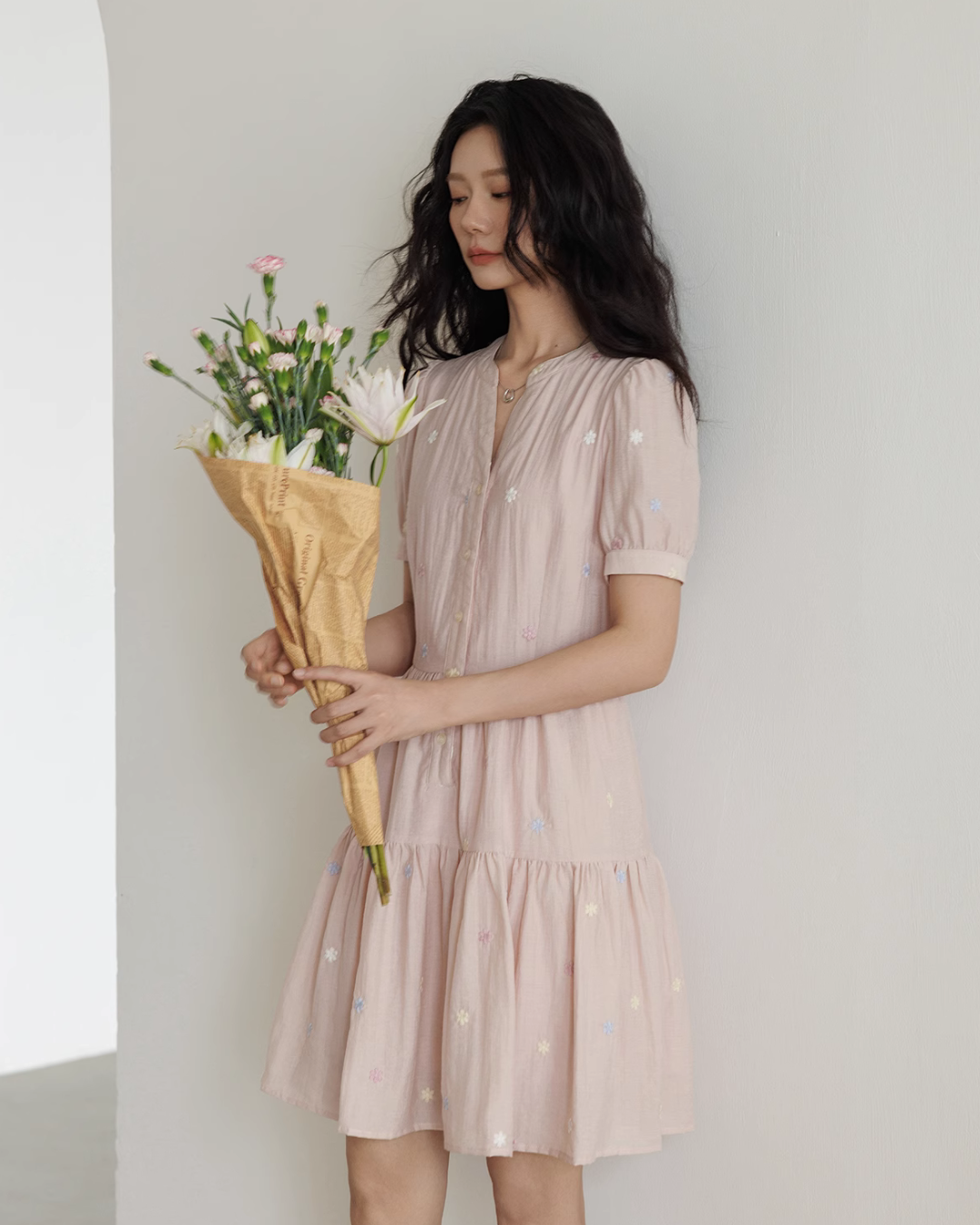 Flower Embroidery Tiered Mini Dress VAS0020