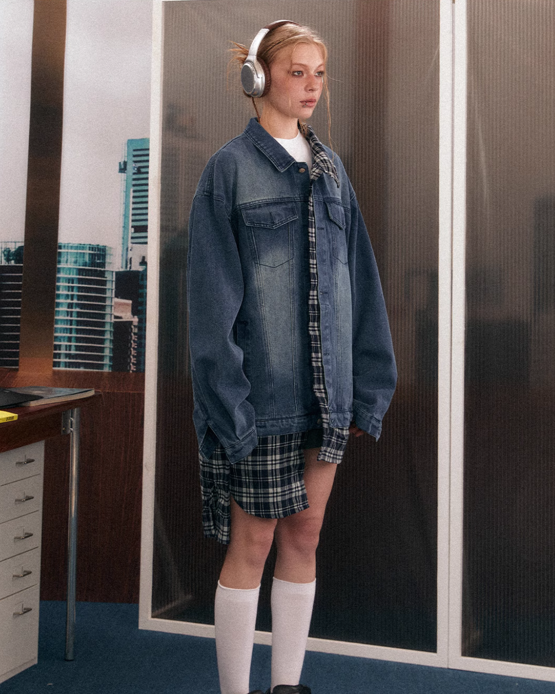 Denim Jacket Layered Check Shirt EZK0080