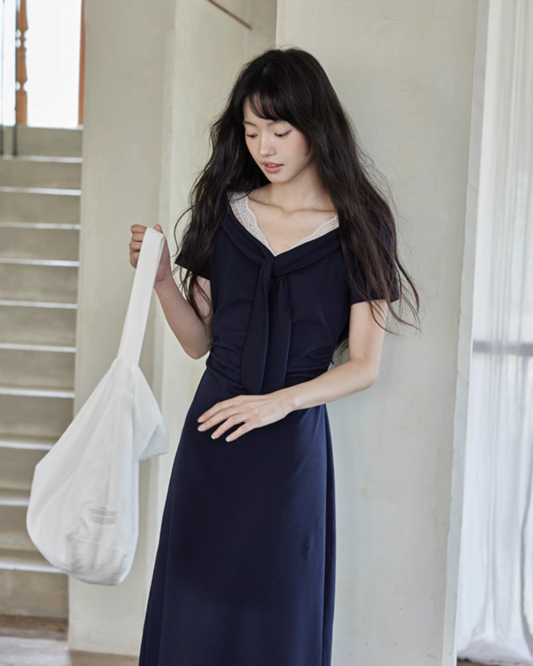 V-neck Navy Blue Dress SMS0025