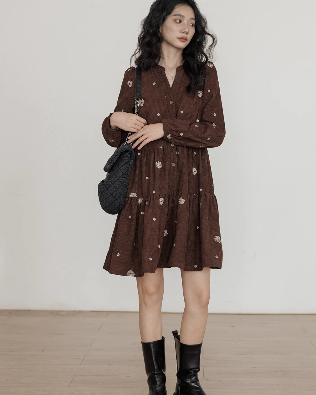 V-Neck Flower Embroidered Dress VAS0001