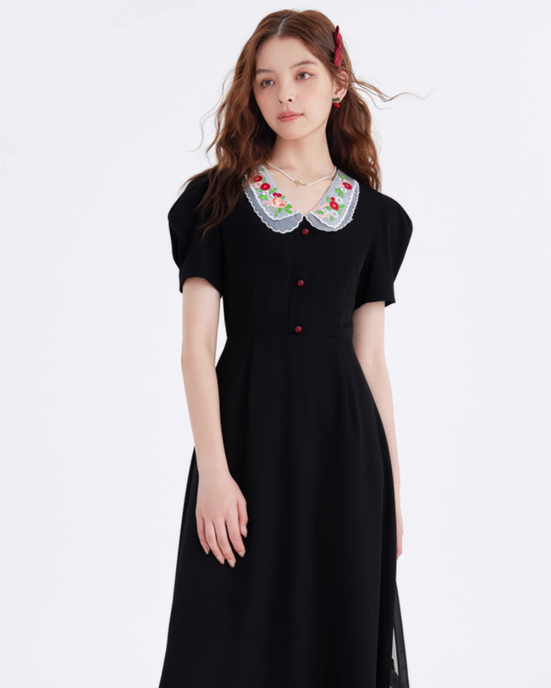 Flower Embroidery Collar Long Dress LSN0005