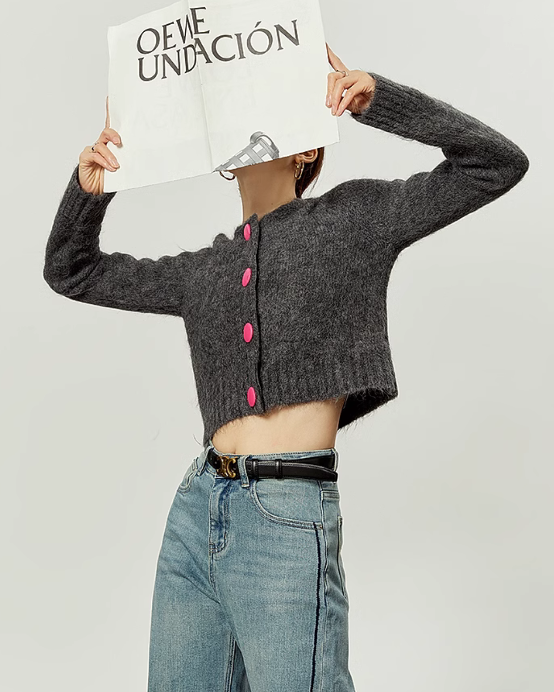 Pink Button Cropped Knit Cardigan LLA0371