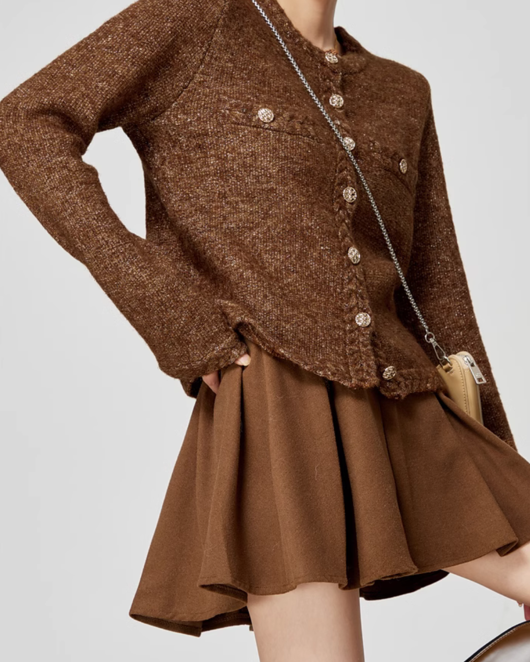 Brown Tweed Jacket / Flared Pleated Skirt LLA0340