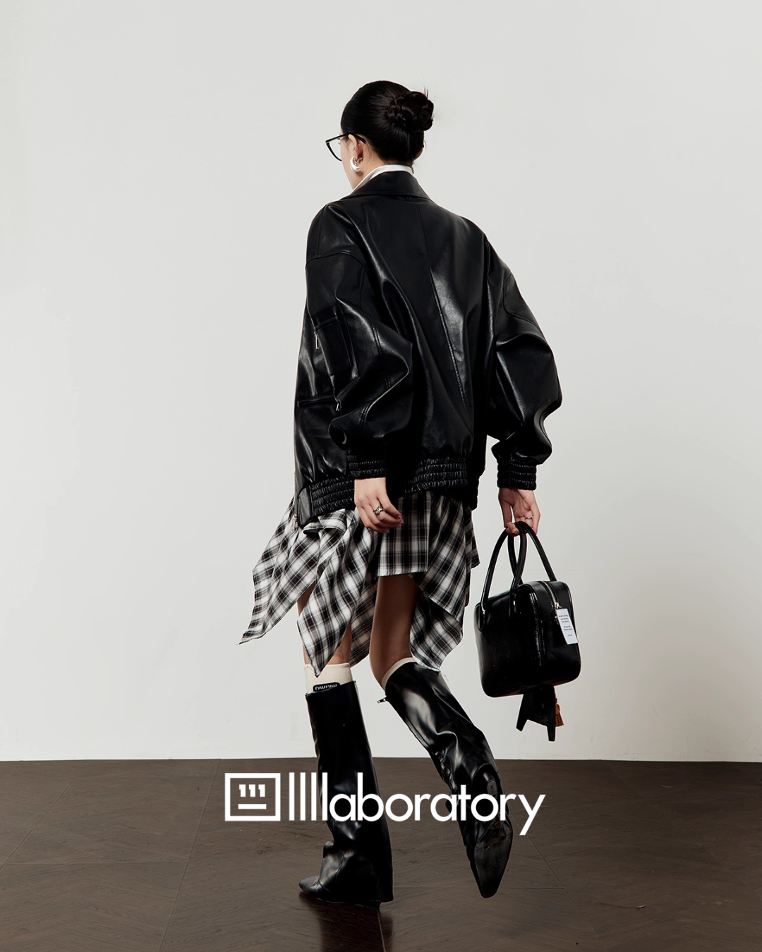 Vintage Leather Jacket / Asymmetrical Check Skirt LLA0528