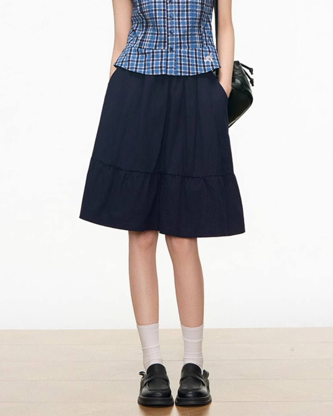 Checked Short Sleeve Shirt / Dark Blue Midi Skirt WEO0028