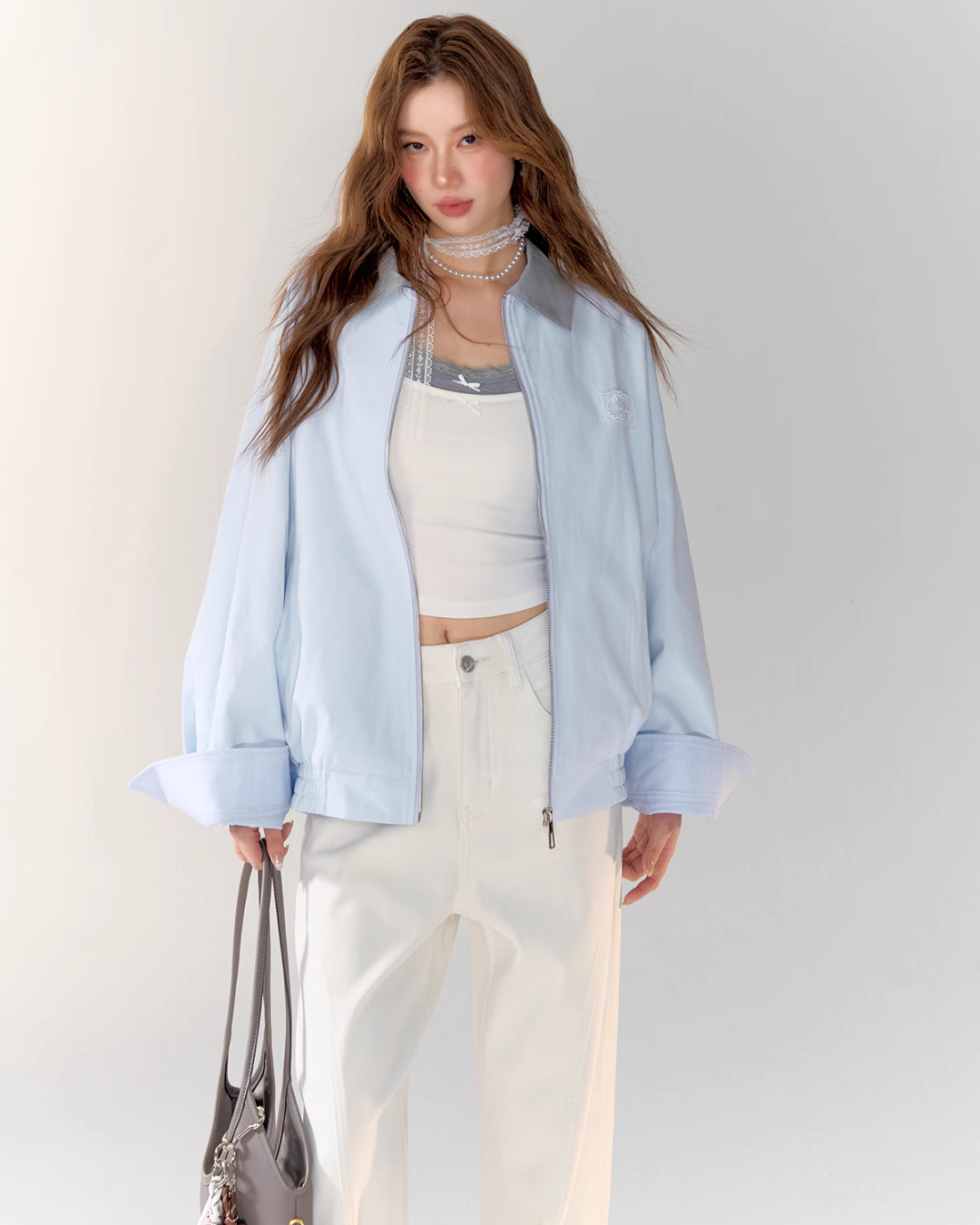 Light Sea Salt Blue Jacket / White Wide Pants ASG0021