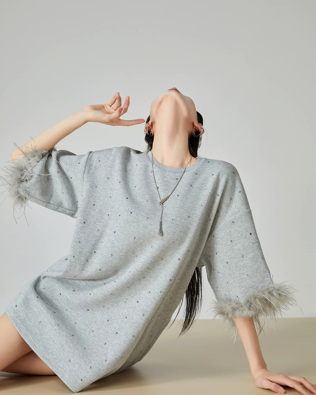 Feather Sleeve Jewel Mini Dress FER0127