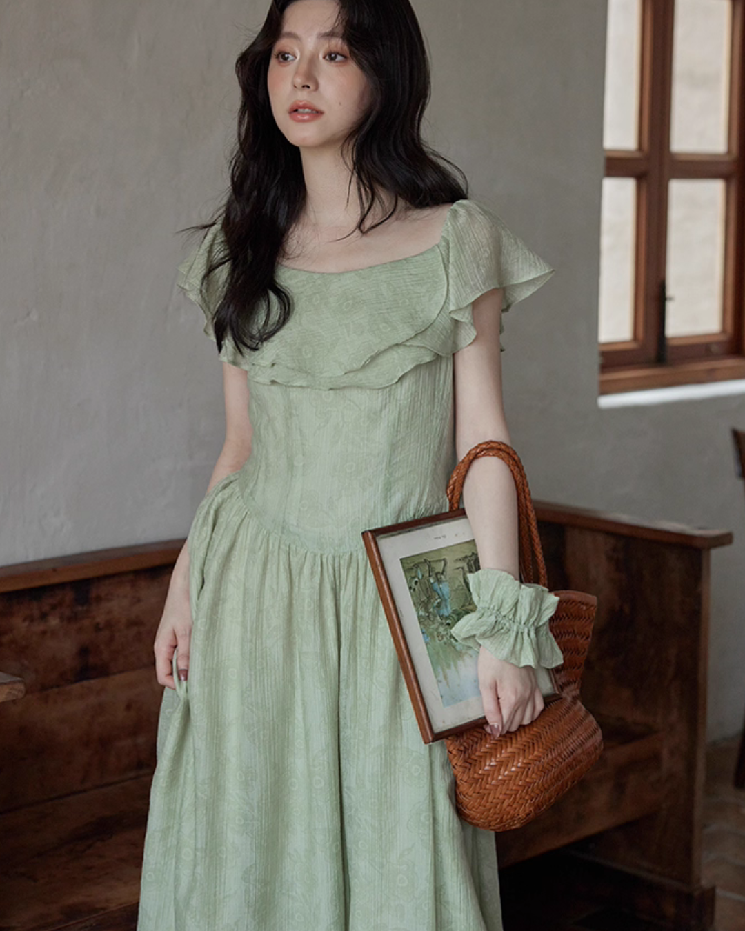 Frill Collar Green Long Dress SMS0012