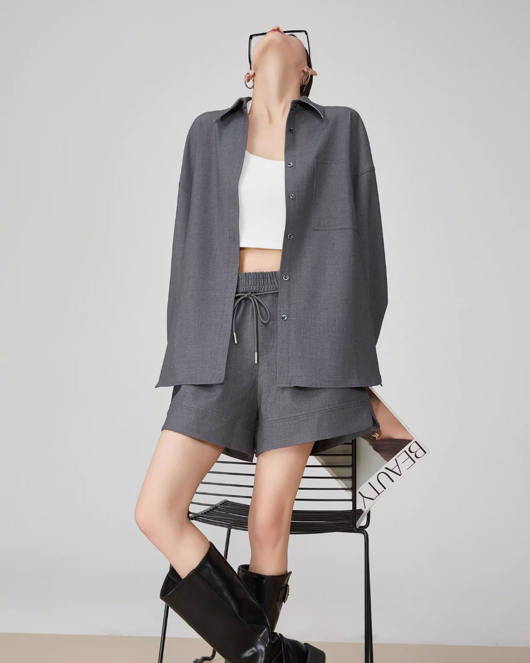 Gray Collared Long-Sleeve Shirt / Shorts FER0064