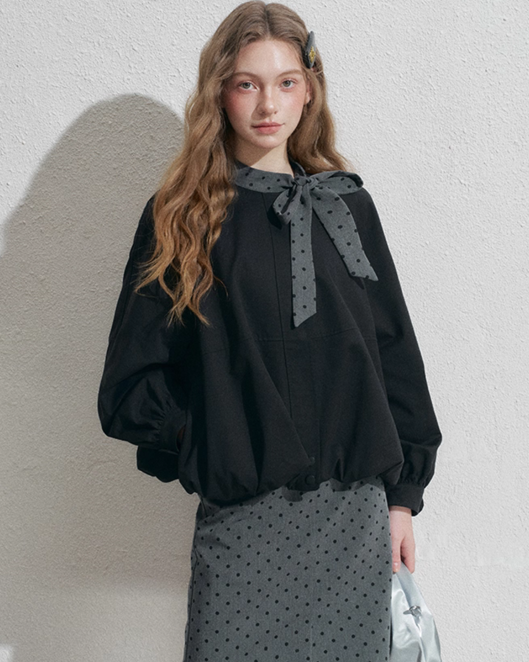 Ribbon Collar Long-Sleeve Blouse / Polka Dot Skirt NEP0002