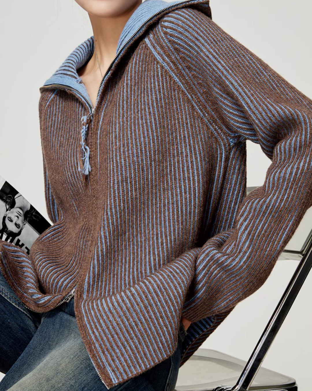 Double Zipper Knit Cardigan / Vintage Denim Pants LLA0344