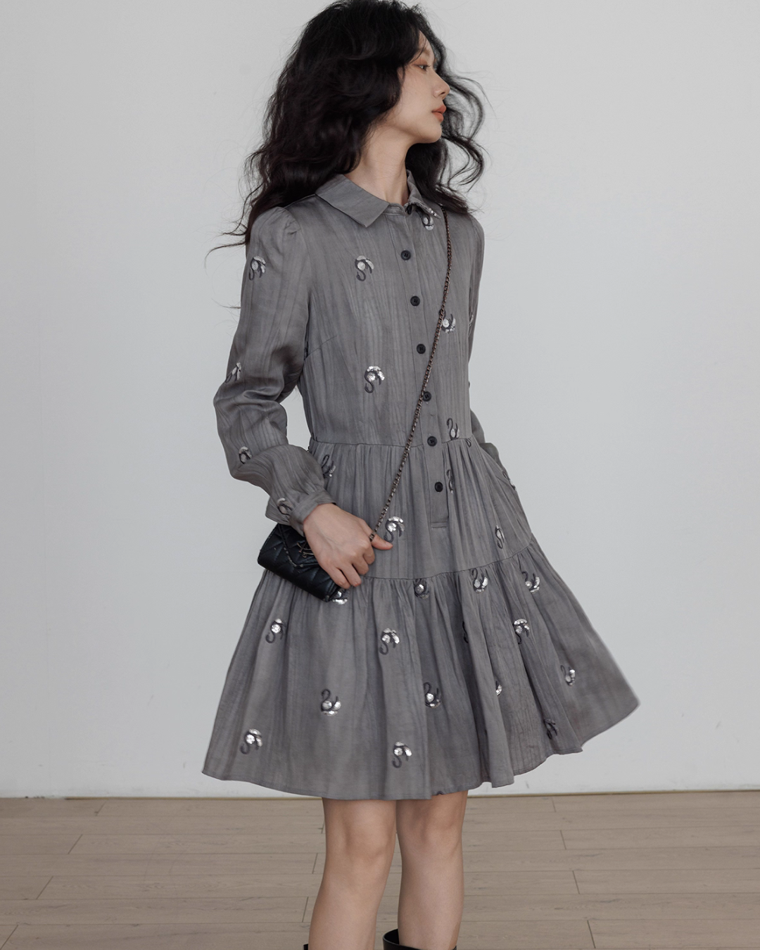 Long-Sleeve Shirt Flare Dress VAS0157